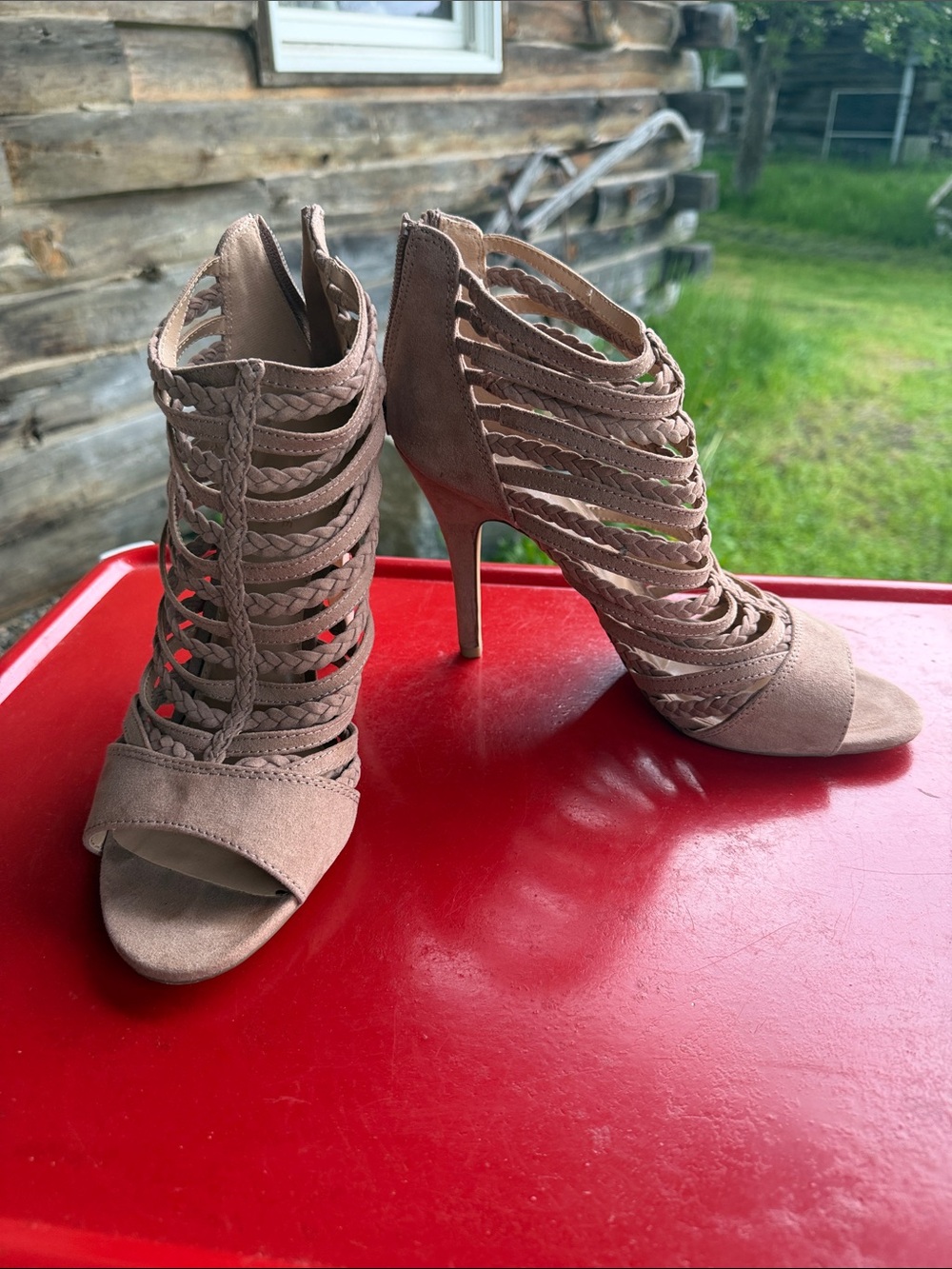 LC Lauren Conrad Blush Taupe Strappy Braided Peep-Toe Stiletto Booties